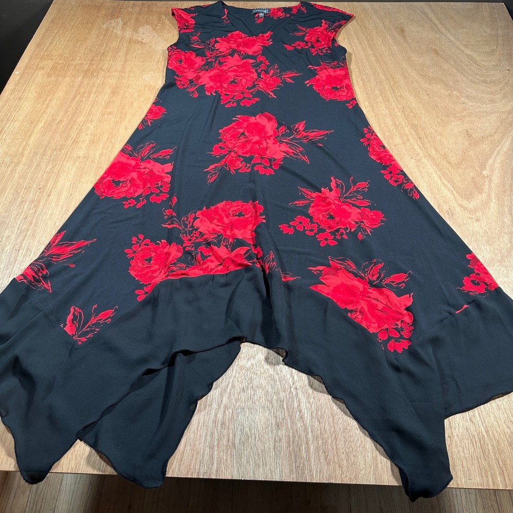 Luxology Floral Handkerchief Hem Dress Women 12 Black Red V-Neck Sharkbite